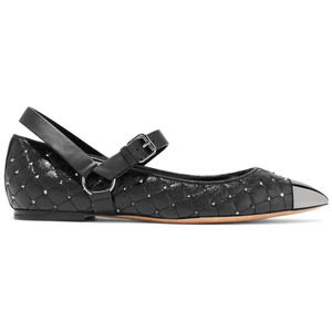 Valentino Black Silver Rockstud Quilted Spike Mary Jane Cap Toe Ballet Flats